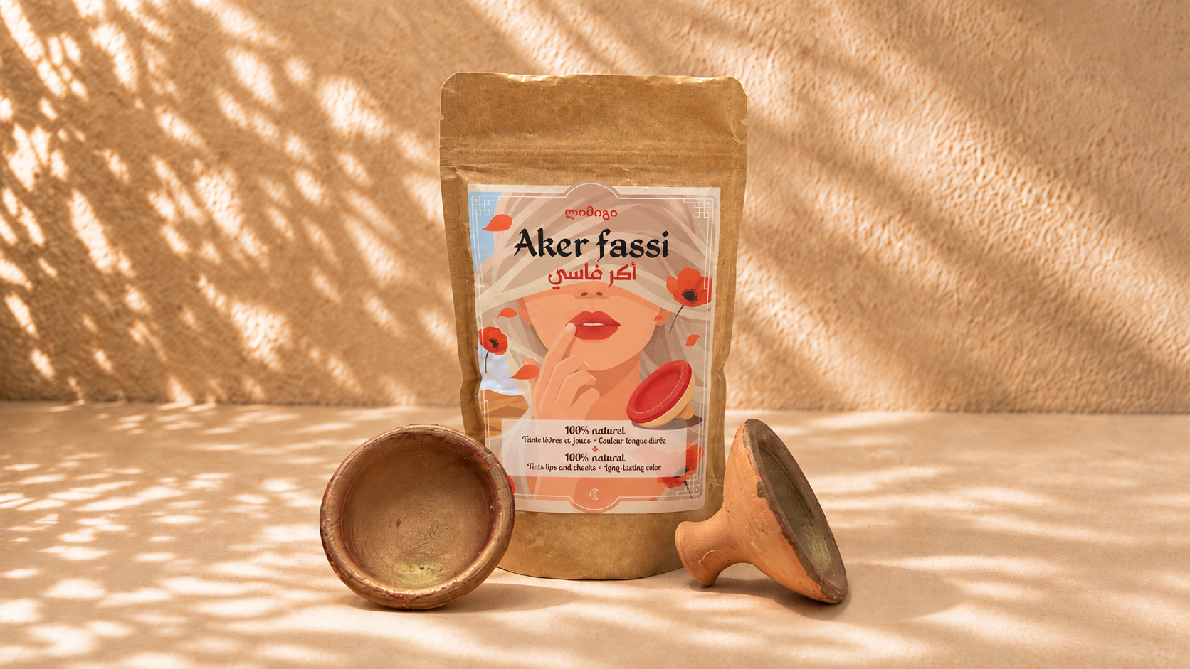 Kraft sachet of aker fassi carrying a sample custom label, shown next to a custom printed box