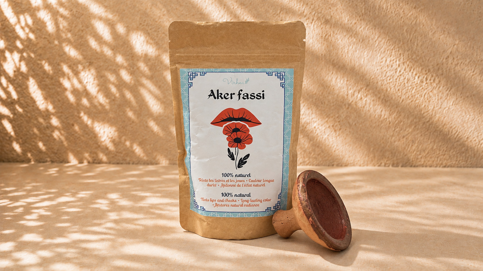 A closed kraft sachet of aker fassi next to a few loose discs, the individual retail format